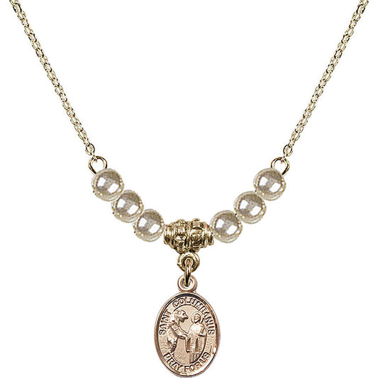14kt Gold Filled Saint Columbanus Birthstone Necklace with Faux-Pearl Beads - 9321