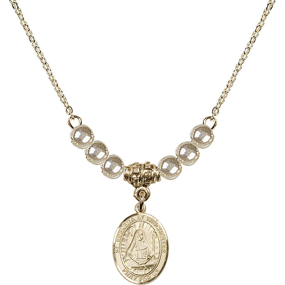 14kt Gold Filled Saint Edburga of Winchester Birthstone Necklace with Faux-Pearl Beads - 9324