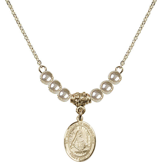 14kt Gold Filled Saint Edburga of Winchester Birthstone Necklace with Faux-Pearl Beads - 9324