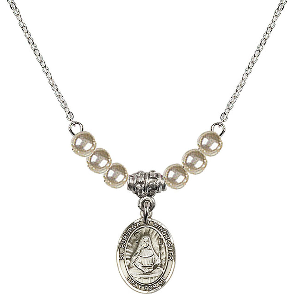 Sterling Silver Saint Edburga of Winchester Birthstone Necklace with Faux-Pearl Beads - 9324