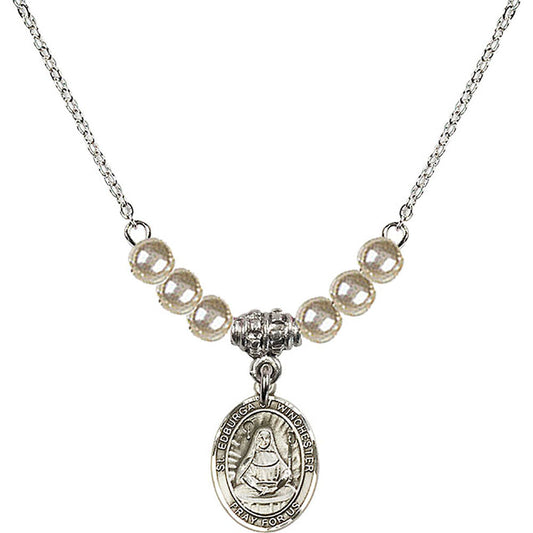 Sterling Silver Saint Edburga of Winchester Birthstone Necklace with Faux-Pearl Beads - 9324