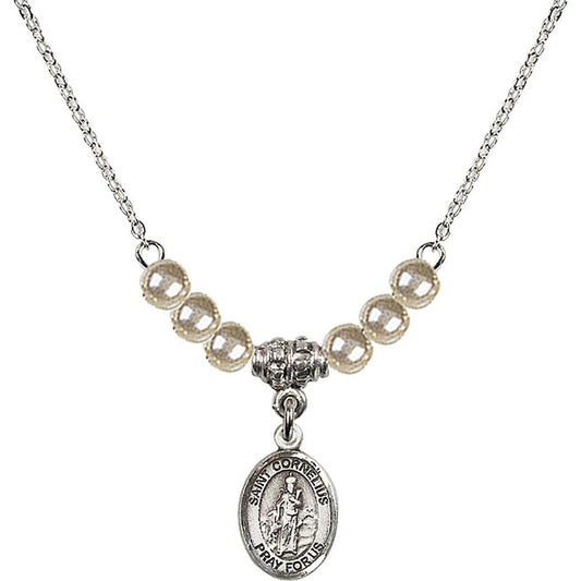 Sterling Silver Saint Cornelius Birthstone Necklace with Faux-Pearl Beads - 9325