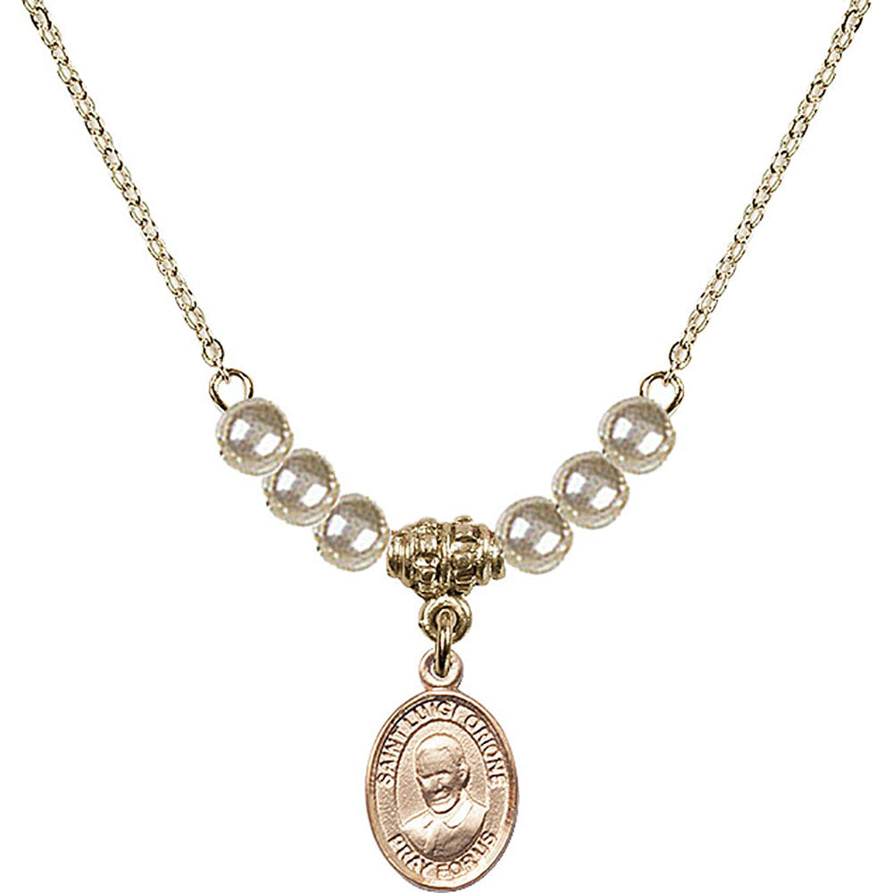 14kt Gold Filled Saint Luigi Orione Birthstone Necklace with Faux-Pearl Beads - 9326