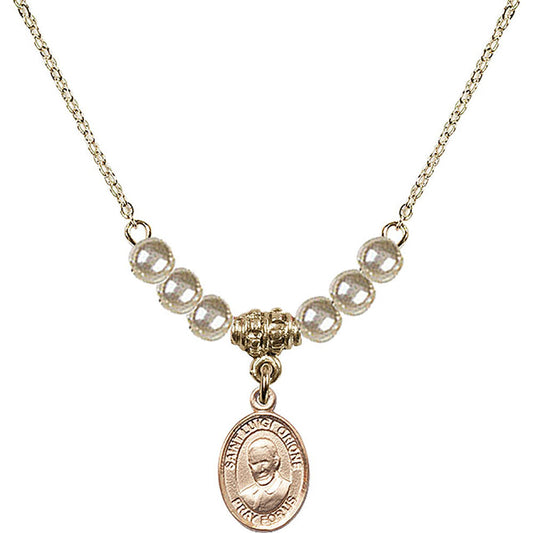 14kt Gold Filled Saint Luigi Orione Birthstone Necklace with Faux-Pearl Beads - 9326