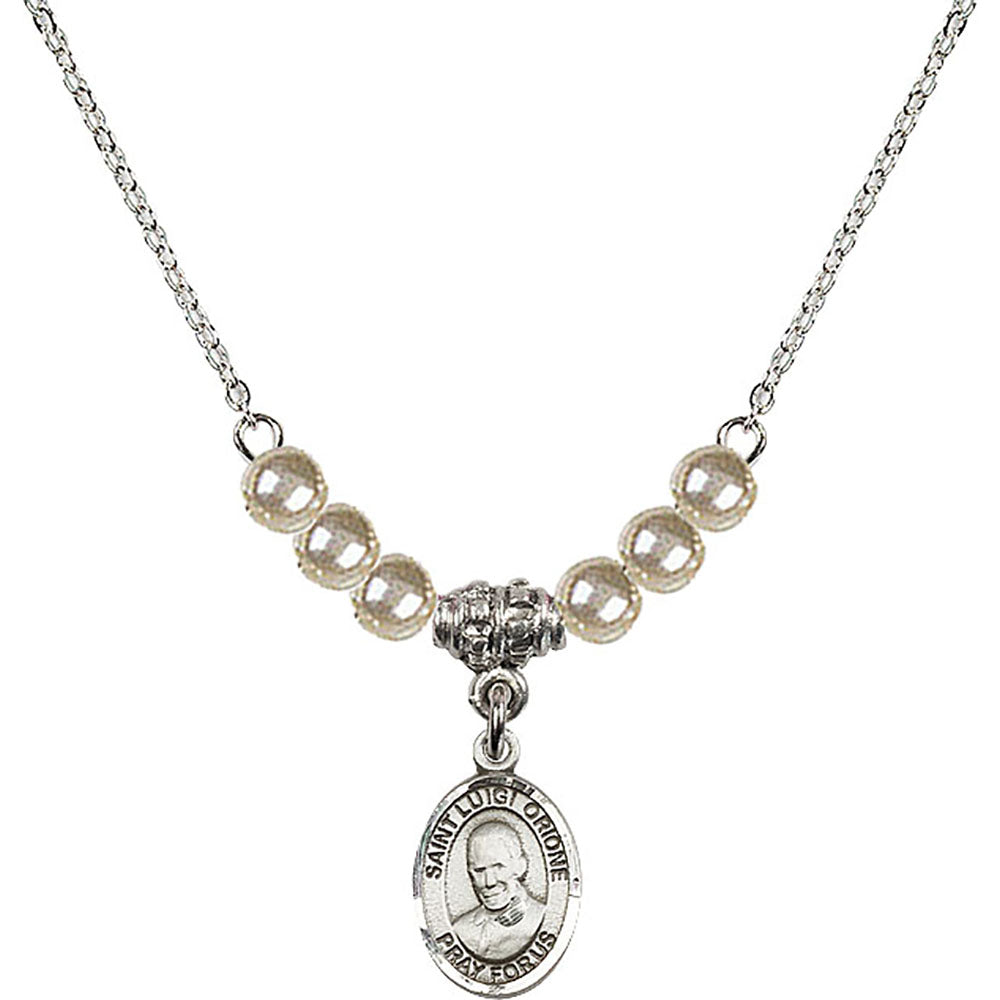 Sterling Silver Saint Luigi Orione Birthstone Necklace with Faux-Pearl Beads - 9326