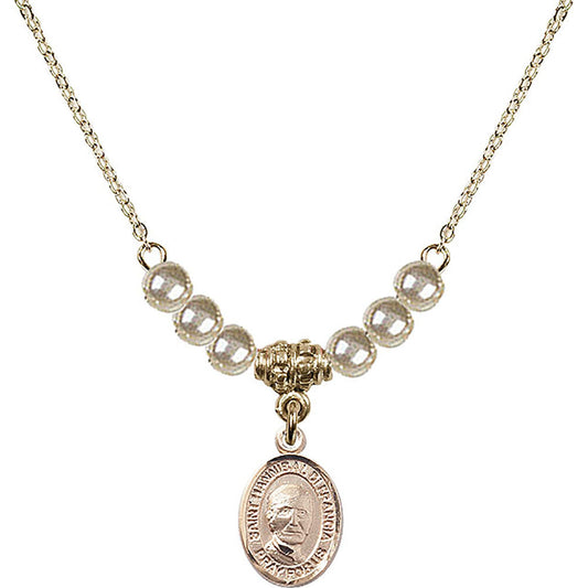 14kt Gold Filled Saint Hannibal Birthstone Necklace with Faux-Pearl Beads - 9327