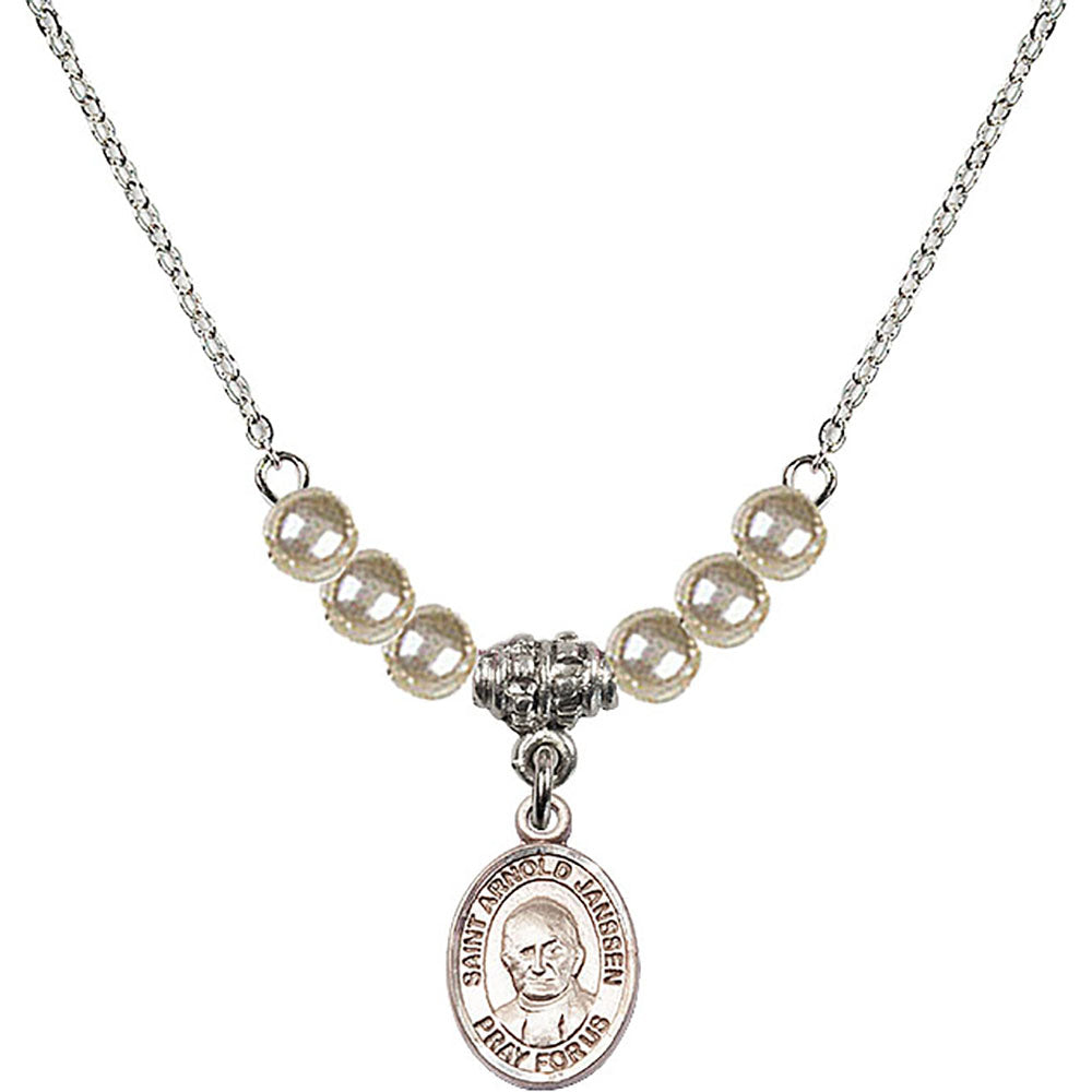 Sterling Silver Saint Arnold Janssen Birthstone Necklace with Faux-Pearl Beads - 9328