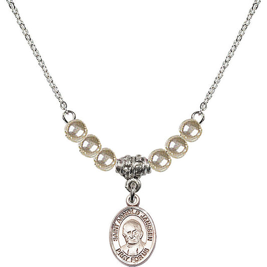 Sterling Silver Saint Arnold Janssen Birthstone Necklace with Faux-Pearl Beads - 9328