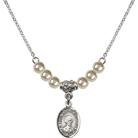 Sterling Silver Saint Louis Marie de Montfort Birthstone Necklace with Faux-Pearl Beads - 9330