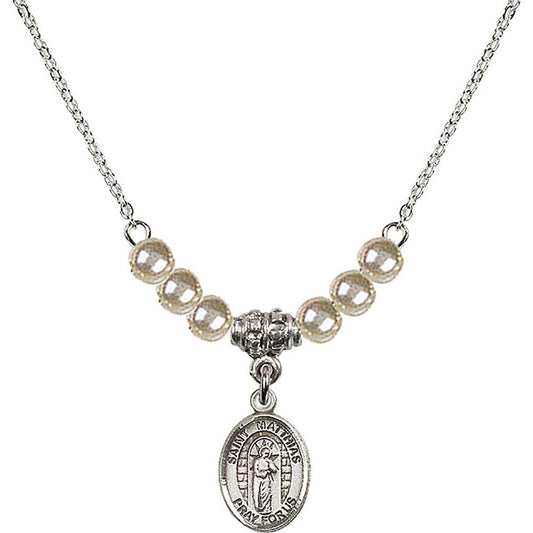 Sterling Silver Saint Matthias the Apostle Birthstone Necklace with Faux-Pearl Beads - 9331