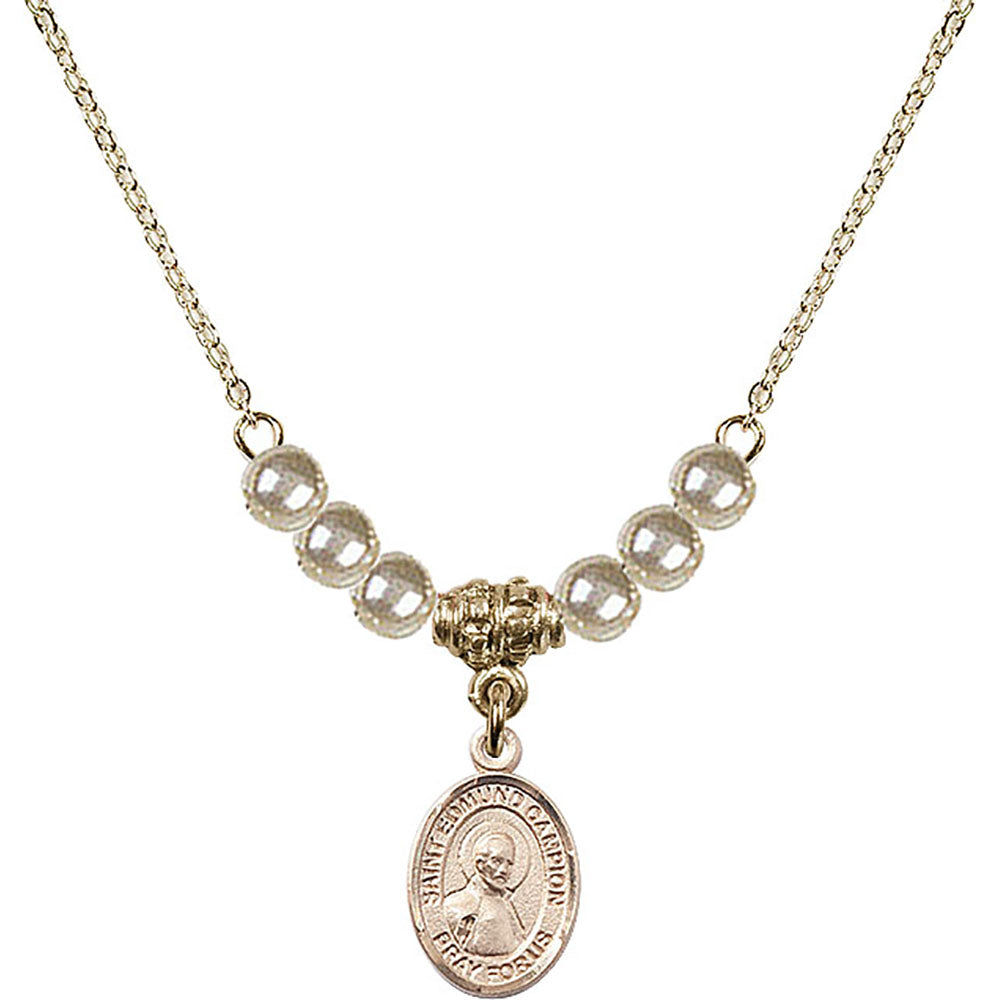 14kt Gold Filled Saint Edmund Campion Birthstone Necklace with Faux-Pearl Beads - 9333
