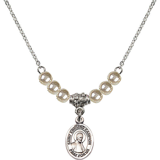 Sterling Silver Saint Edmund Campion Birthstone Necklace with Faux-Pearl Beads - 9333