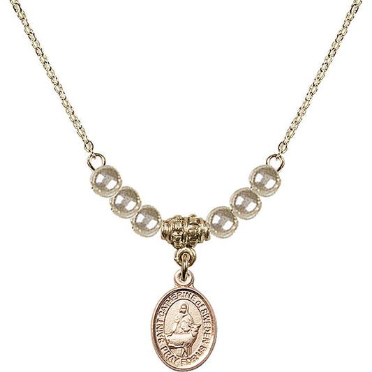 14kt Gold Filled Saint Catherine of Sweden Birthstone Necklace with Faux-Pearl Beads - 9336