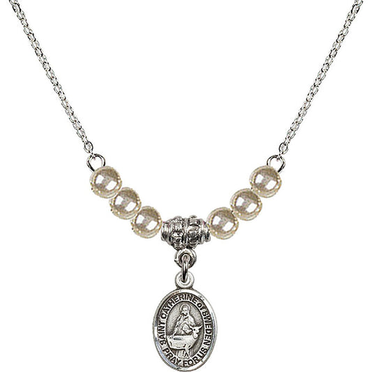 Sterling Silver Saint Catherine of Sweden Birthstone Necklace with Faux-Pearl Beads - 9336