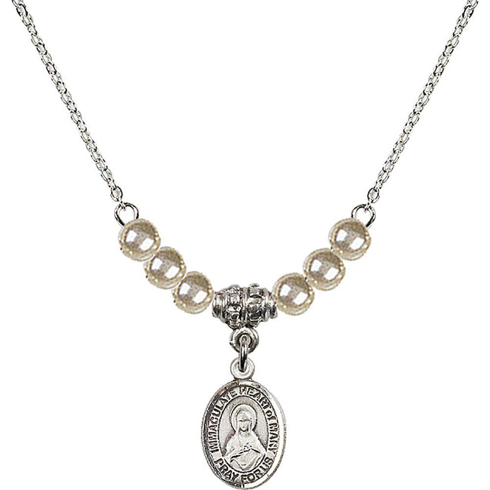 Sterling Silver Immaculate Heart of Mary Birthstone Necklace with Faux-Pearl Beads - 9337