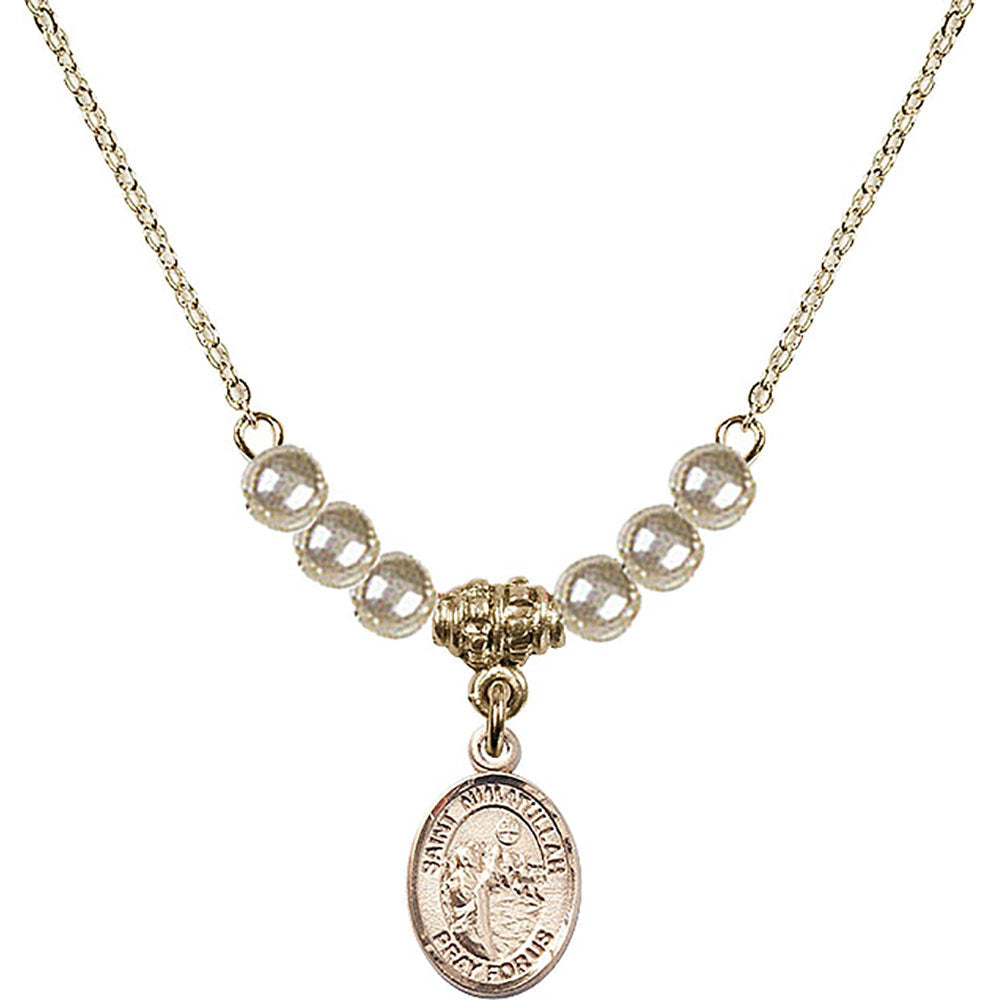14kt Gold Filled Saint Nimatullah Birthstone Necklace with Faux-Pearl Beads - 9339