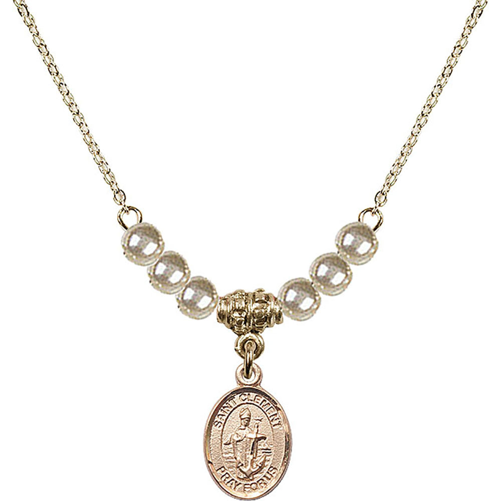 14kt Gold Filled Saint Clement Birthstone Necklace with Faux-Pearl Beads - 9340