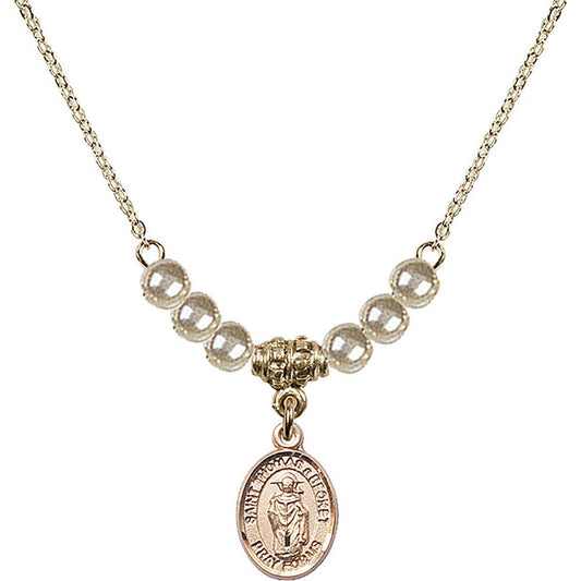 14kt Gold Filled Saint Thomas A Becket Birthstone Necklace with Faux-Pearl Beads - 9344