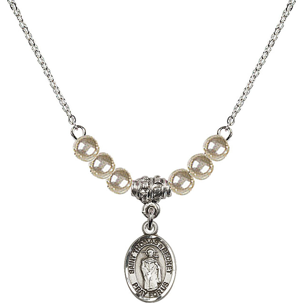 Sterling Silver Saint Thomas A Becket Birthstone Necklace with Faux-Pearl Beads - 9344