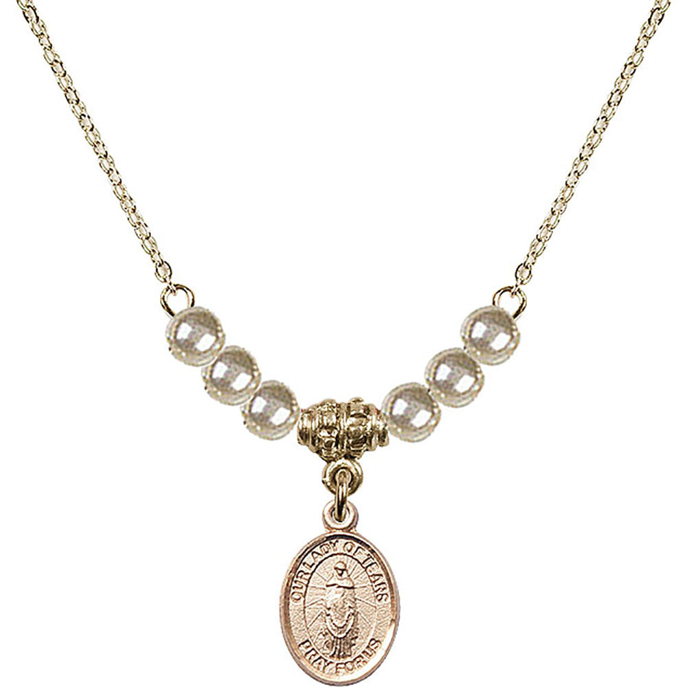 14kt Gold Filled Our Lady of Tears Birthstone Necklace with Faux-Pearl Beads - 9346