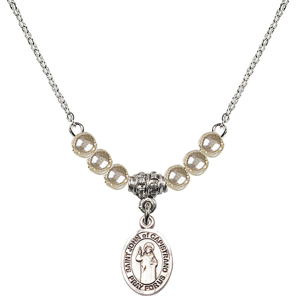 Sterling Silver Saint John of Capistrano Birthstone Necklace with Faux-Pearl Beads - 9350