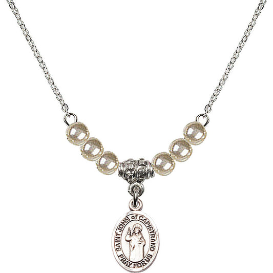 Sterling Silver Saint John of Capistrano Birthstone Necklace with Faux-Pearl Beads - 9350