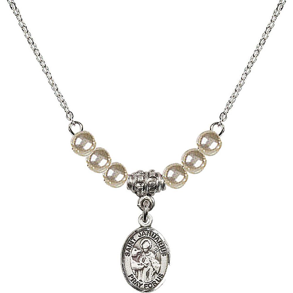 Sterling Silver Saint Januarius Birthstone Necklace with Faux-Pearl Beads - 9351