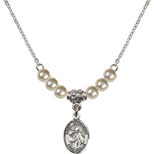 Sterling Silver Saint Januarius Birthstone Necklace with Faux-Pearl Beads - 9351