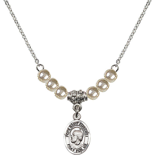 Sterling Silver Pope Saint Eugene I Birthstone Necklace with Faux-Pearl Beads - 9352