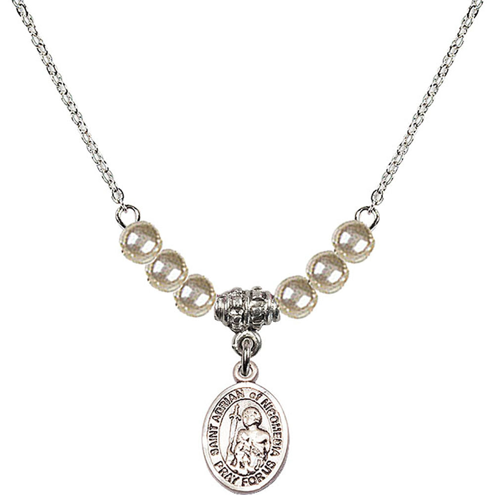 Sterling Silver Saint Adrian of Nicomedia Birthstone Necklace with Faux-Pearl Beads - 9353