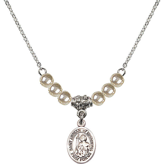 Sterling Silver Saint Adrian of Nicomedia Birthstone Necklace with Faux-Pearl Beads - 9353