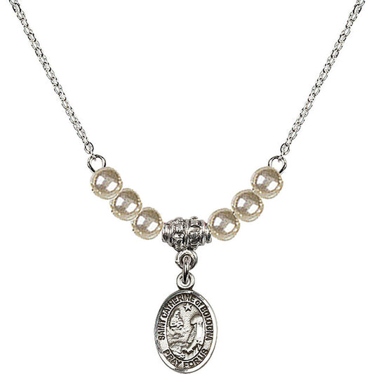 Sterling Silver Saint Catherine of Bologna Birthstone Necklace with Faux-Pearl Beads - 9354