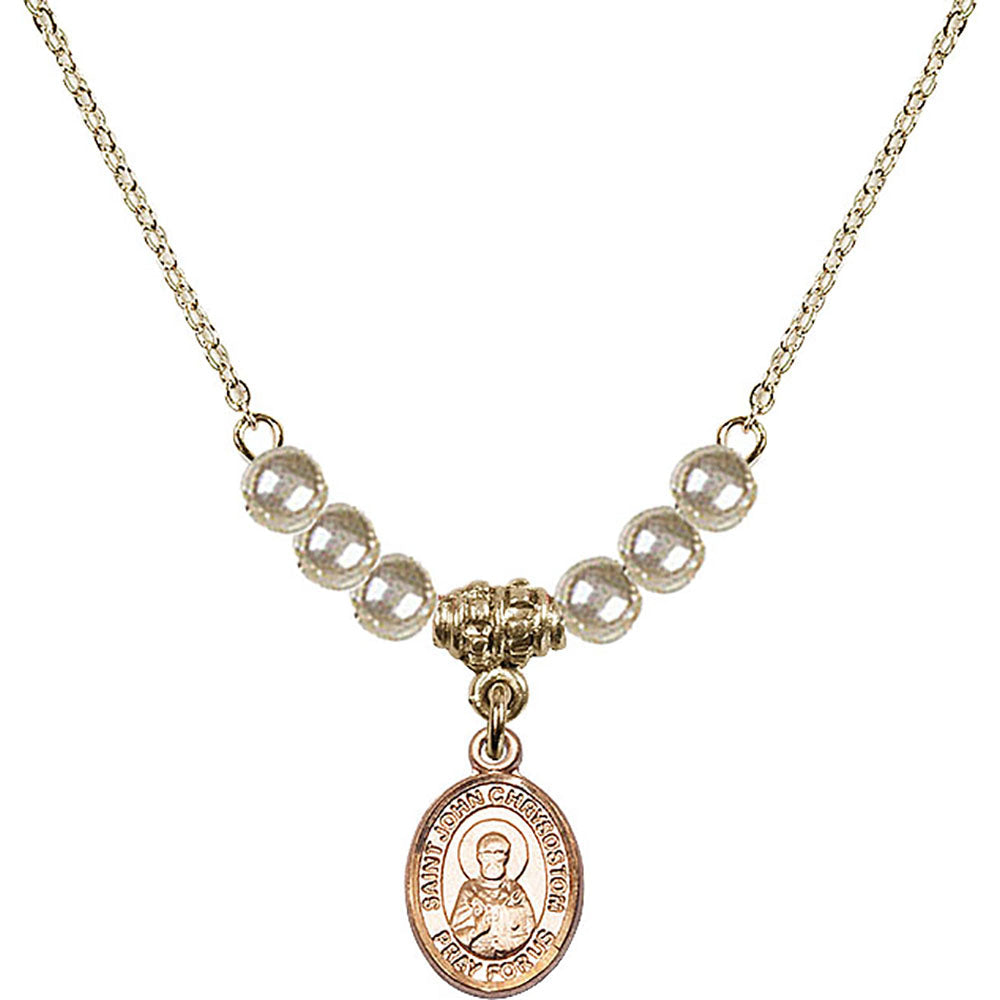 14kt Gold Filled Saint John Chrysostom Birthstone Necklace with Faux-Pearl Beads - 9357