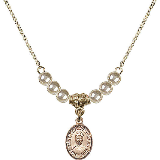 14kt Gold Filled Saint Josephine Bakhita Birthstone Necklace with Faux-Pearl Beads - 9360