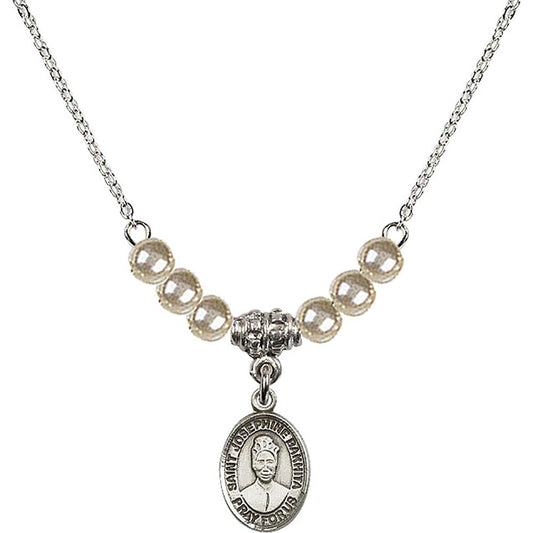 Sterling Silver Saint Josephine Bakhita Birthstone Necklace with Faux-Pearl Beads - 9360