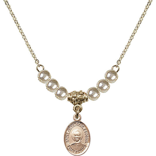 14kt Gold Filled Saint Josemaria Escriva Birthstone Necklace with Faux-Pearl Beads - 9362
