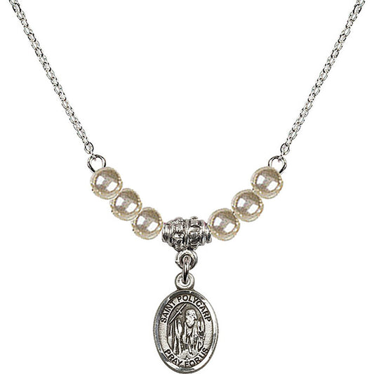 Sterling Silver Saint Polycarp of Smyrna Birthstone Necklace with Faux-Pearl Beads - 9363
