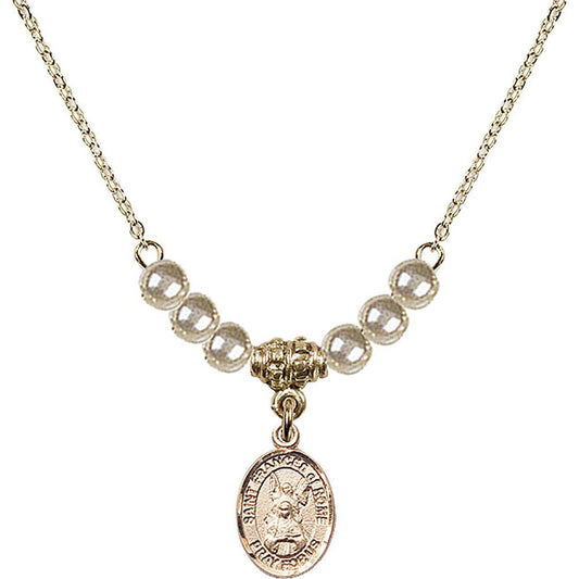 14kt Gold Filled Saint Frances of Rome Birthstone Necklace with Faux-Pearl Beads - 9365