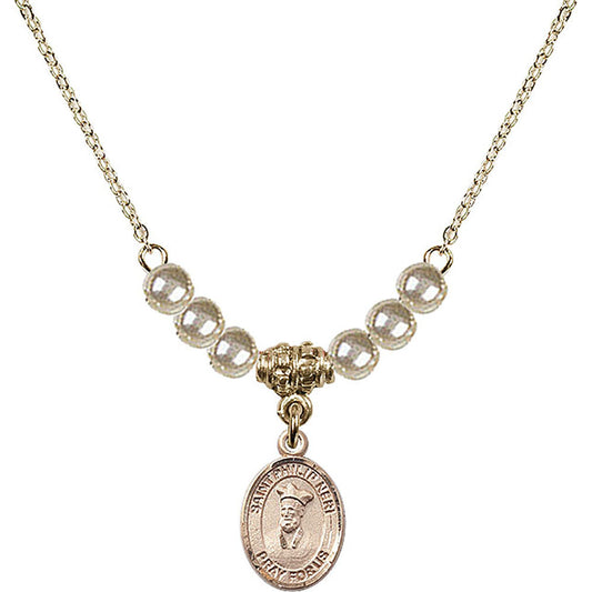 14kt Gold Filled Saint Philip Neri Birthstone Necklace with Faux-Pearl Beads - 9369