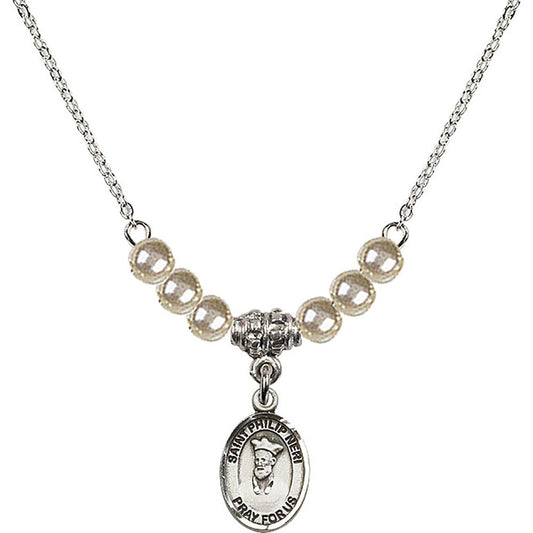 Sterling Silver Saint Philip Neri Birthstone Necklace with Faux-Pearl Beads - 9369
