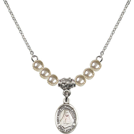 Sterling Silver Saint Rose Philippine Duchesne Birthstone Necklace with Faux-Pearl Beads - 9371