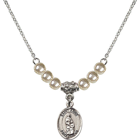 Sterling Silver Saint Anne Birthstone Necklace with Faux-Pearl Beads - 9374