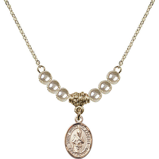 14kt Gold Filled Saint Simon the Apostle Birthstone Necklace with Faux-Pearl Beads - 9375