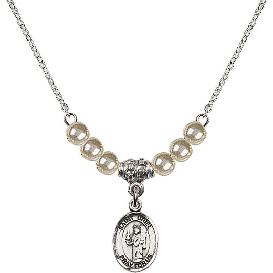 Sterling Silver Saint Uriel the Archangel Birthstone Necklace with Faux-Pearl Beads - 9378