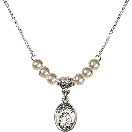 Sterling Silver Saint Marina Birthstone Necklace with Faux-Pearl Beads - 9379