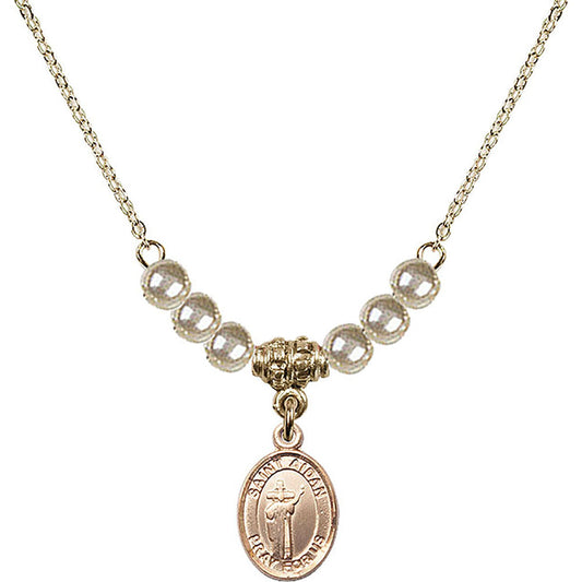 14kt Gold Filled Saint Aidan of Lindesfarne Birthstone Necklace with Faux-Pearl Beads - 9381