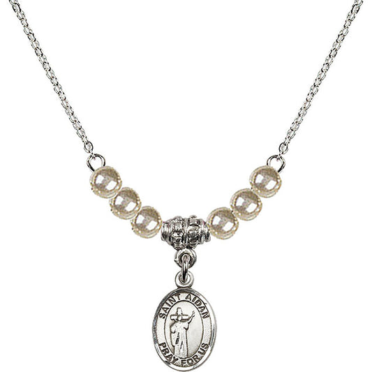 Sterling Silver Saint Aidan of Lindesfarne Birthstone Necklace with Faux-Pearl Beads - 9381