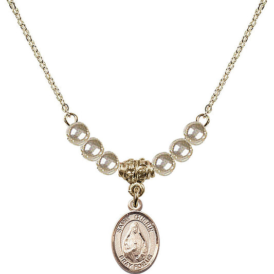 14kt Gold Filled Saint Theodora Birthstone Necklace with Faux-Pearl Beads - 9382