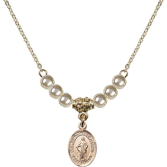14kt Gold Filled Our Lady the Undoer of Knots Birthstone Necklace with Faux-Pearl Beads - 9383