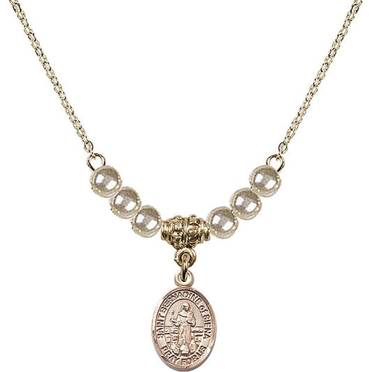 14kt Gold Filled Saint Bernadine of Sienna Birthstone Necklace with Faux-Pearl Beads - 9387